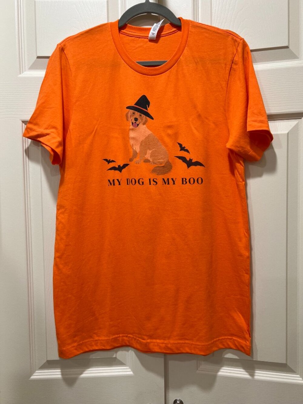 Women's Halloween Dog T-Shirt Orange My Dog Is My Boo" Witch Graphic Tee Medium
